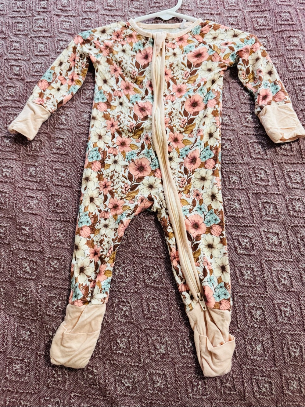 Little Sleepies Floral Footed Pajama Set - Peach, Cream & Blue Size 0-3 Mths.